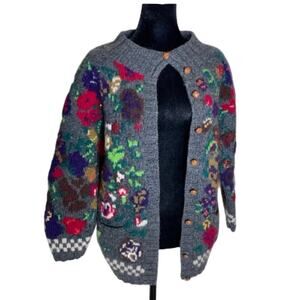 Rare Vintage GAP Hand-Knit Wool Cardigan Bold Floral SzL